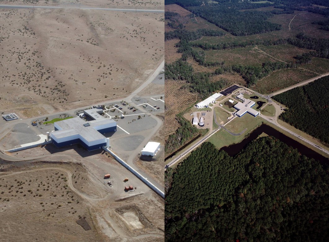 Side-by-side-by of the twin LIGO detector buildings.